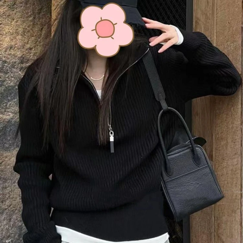 Autumn Winter Half-zip Turtleneck Sweater Knit Pullover Loose Zip Up Hoodie Sweet Tops Long Sleeve Trend Coat Y2k Clothes New