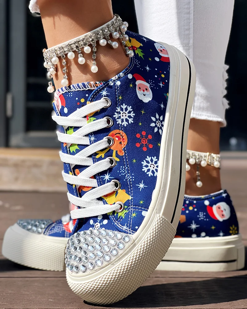 Christmas Diamond Round Toe Sneakers Lace-up Casual Canvas Shoes