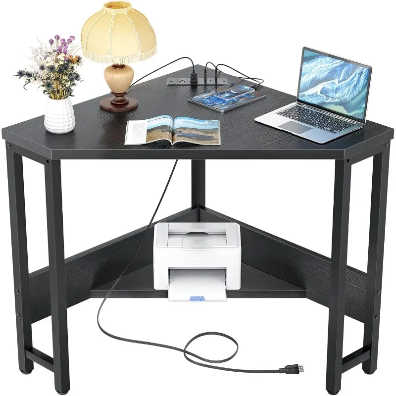 Corner Desk Small Desk  USB Ports Triangle Desk with Storage for Home Office, Workstation, Living Room, Bedroom, Black