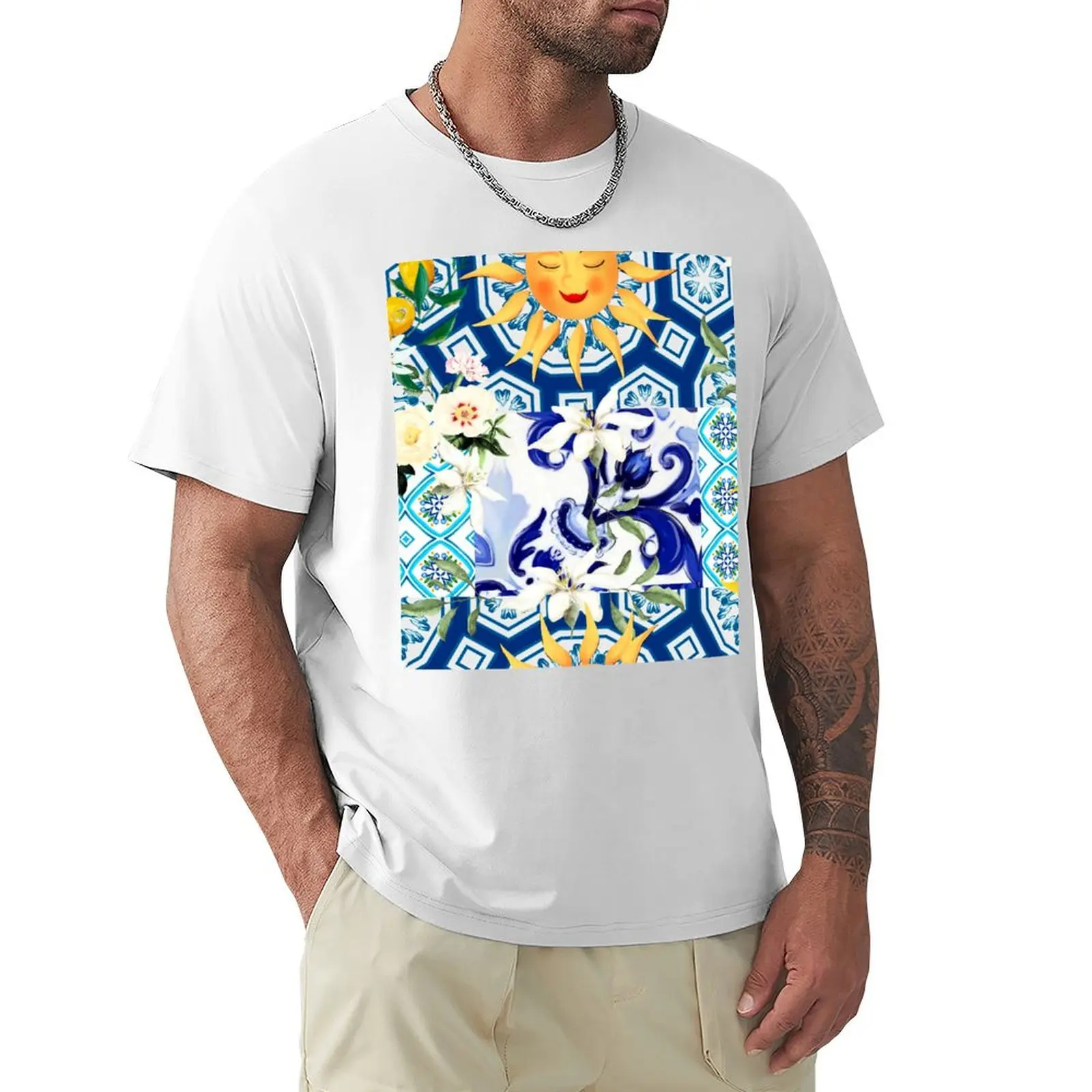 Sicilian tiles,sun,summer,mediterranean art,lemon. T-shirt blanks graphics customs anime Men's t-shirts