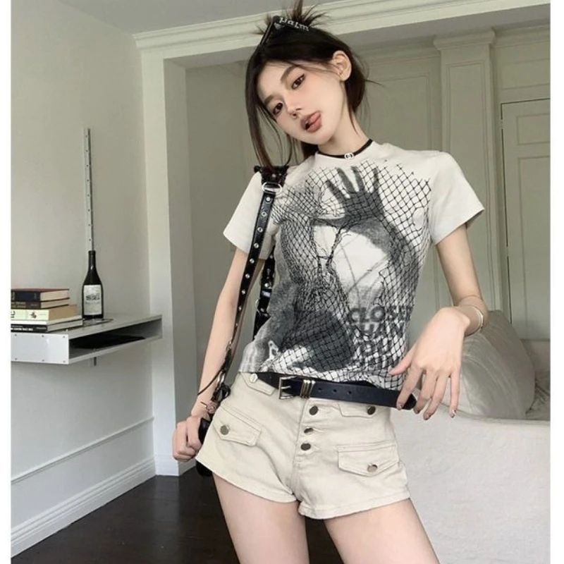 

HOUZHOU Vintage Harajuku Print T-shirt Women Gothic Y2k Grunge Graphic T-shirts American Retro Punk Casual Short Sleeve Tees