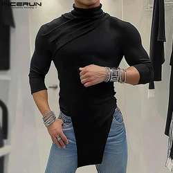 INCERUN Tops 2024 Fashion Men Semi High Neck Striped T-shirts Casual Well Fitting Male Irregular Hem Long Sleeved Camiseta S-5XL