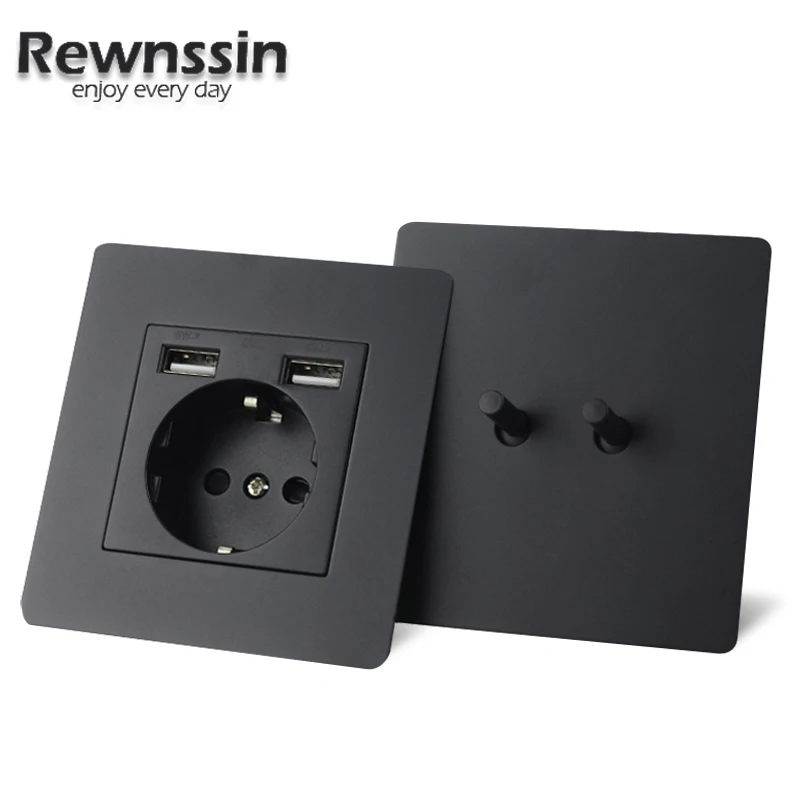 Rewnssin Household Toggle Wall Light Switch Black Brushed Stainless Steel Panel With 1/2/3/4 Gang EU USB Multiple Outlet Socket