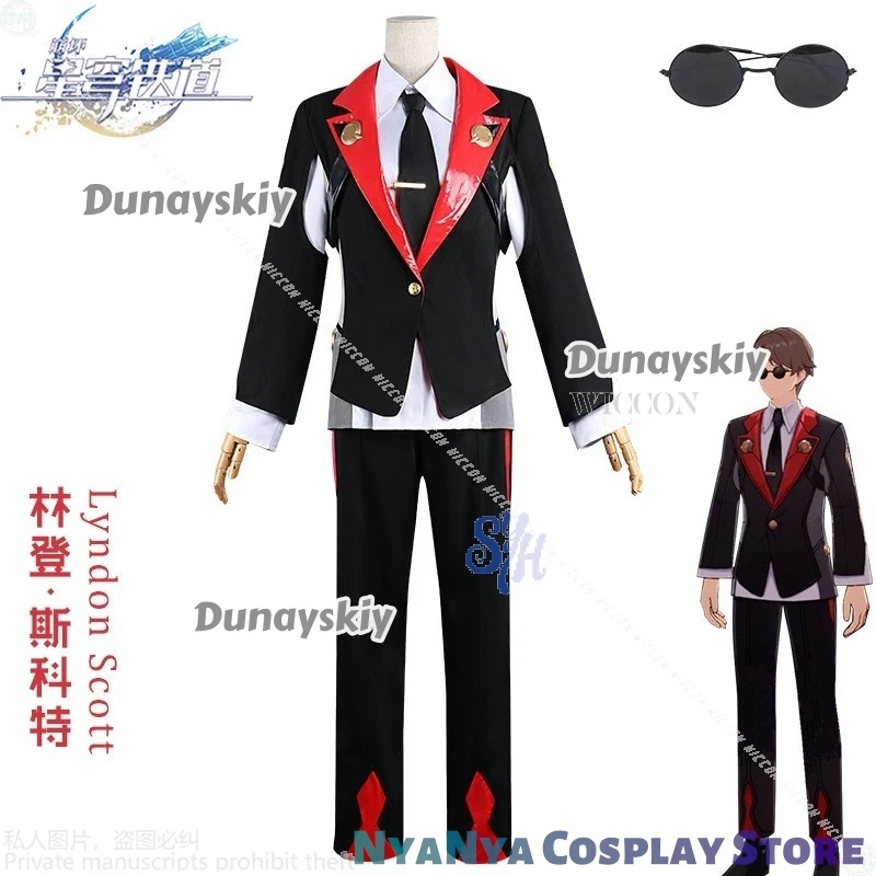 Lyndon scott jogo honkai: star rail cosplay anime traje preto vermelho uniforme calças óculos de sol perucas halloween festa de natal cos