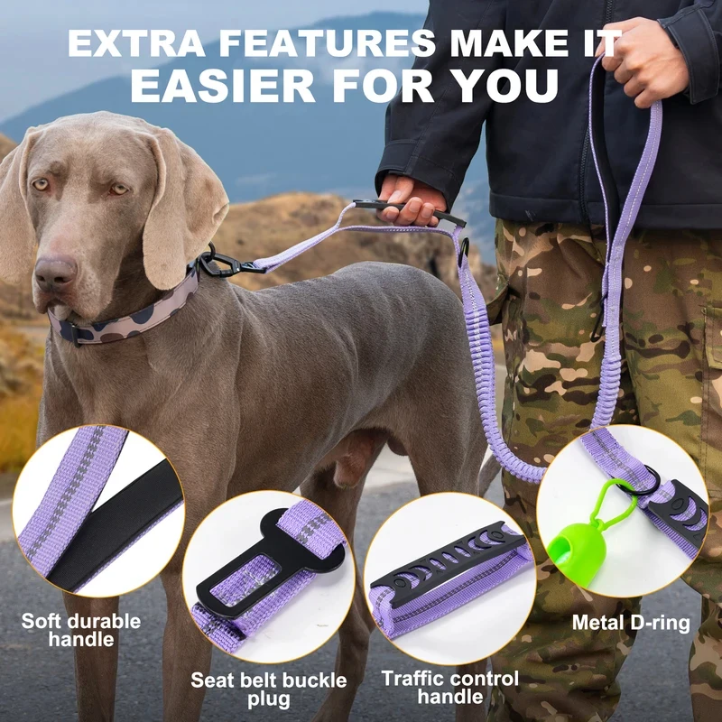 Tactical Dog Leash Heavy Duty Reflective Bungee Dog Lead with 2 Padded Handles for Medium Large Dogs