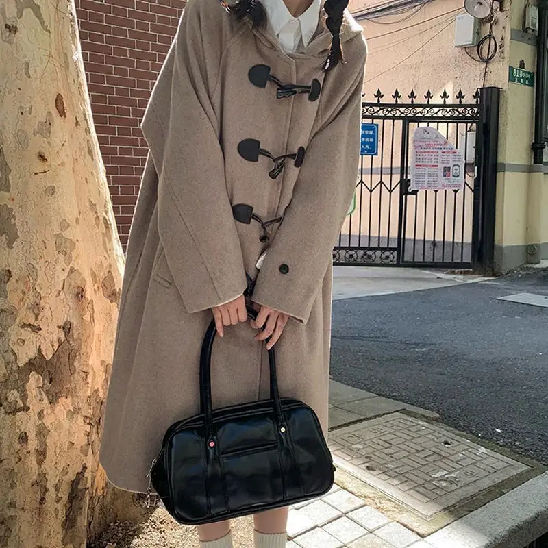 Fashion women's hooded horn buckle wool coat women's autumn and winter Lunren wind loose over the knee thickened mid-long coat