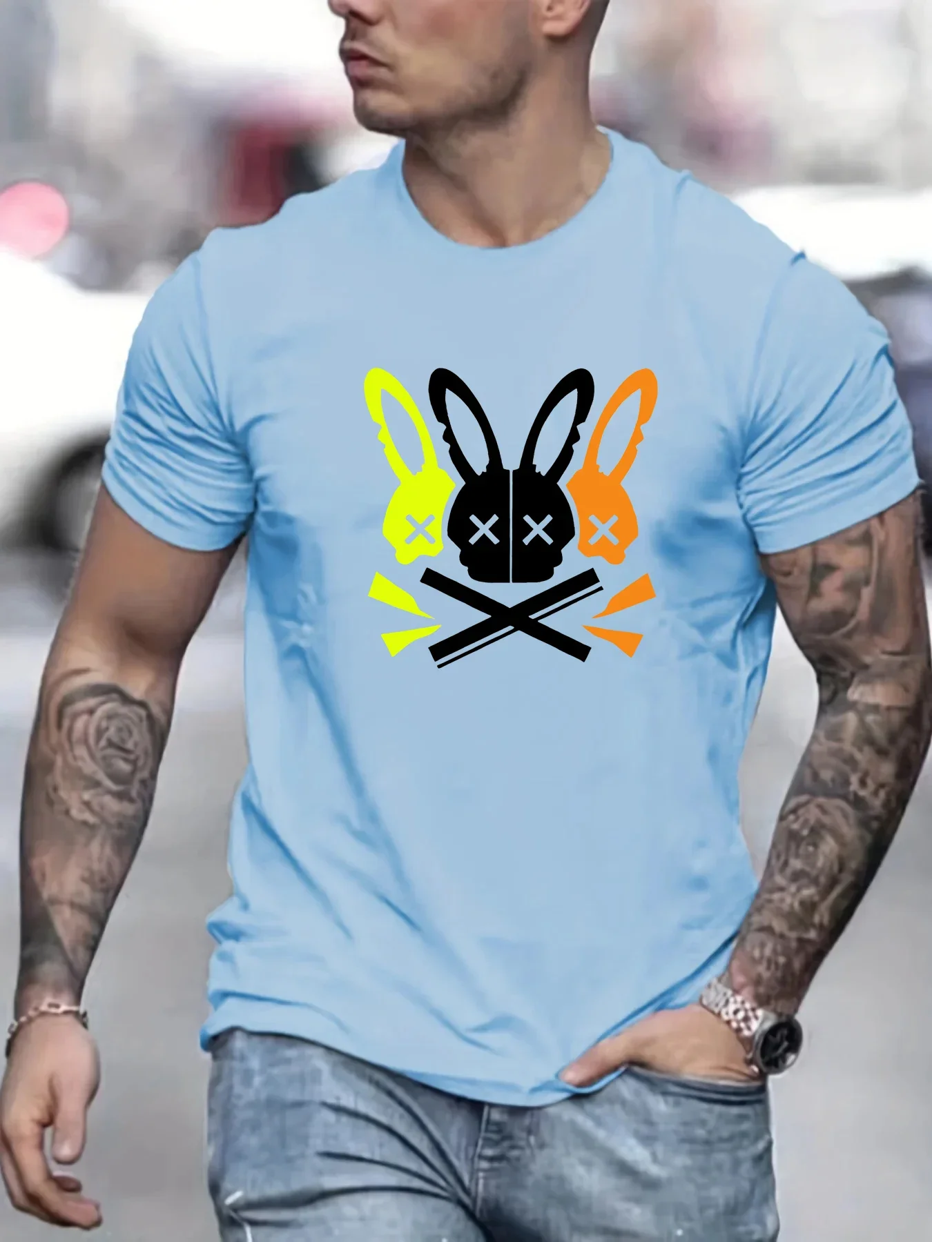

2025 new model Summer Men's 100% Cotton Casual Loose Unique Rabbit Skull Pattern Printed Sports Comfortable Round Neck Short Sle