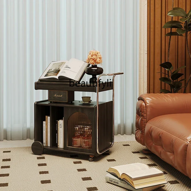 

Solid Wood Side Cabinet Mid-Ancient TV Sofa Trolley Living Room Small Apartment Movable Retro Side Table