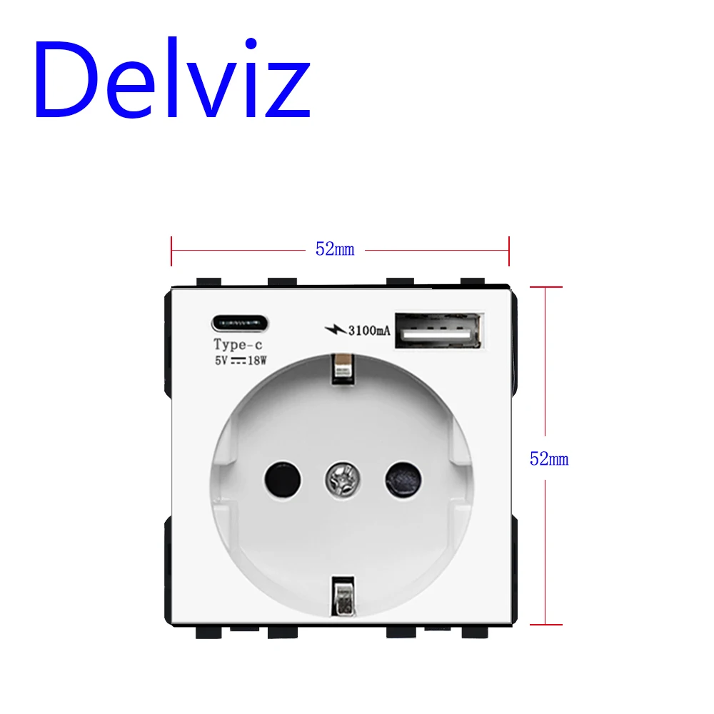 Delviz Type C Wall USB Outlet, 5V 3100mA With Double usb Ports, White Tempered Crystal Glass Panel, EU Standard 16A Power Socket