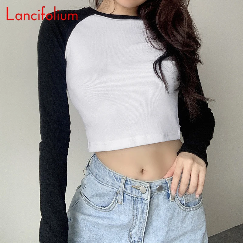 Summer Fall Sexy Contrast Tshirts Long Raglan Sleeve Corset Crop Top Rib Knitted Baby Tee Y2k Basic Street Indie Vintage T Shirt