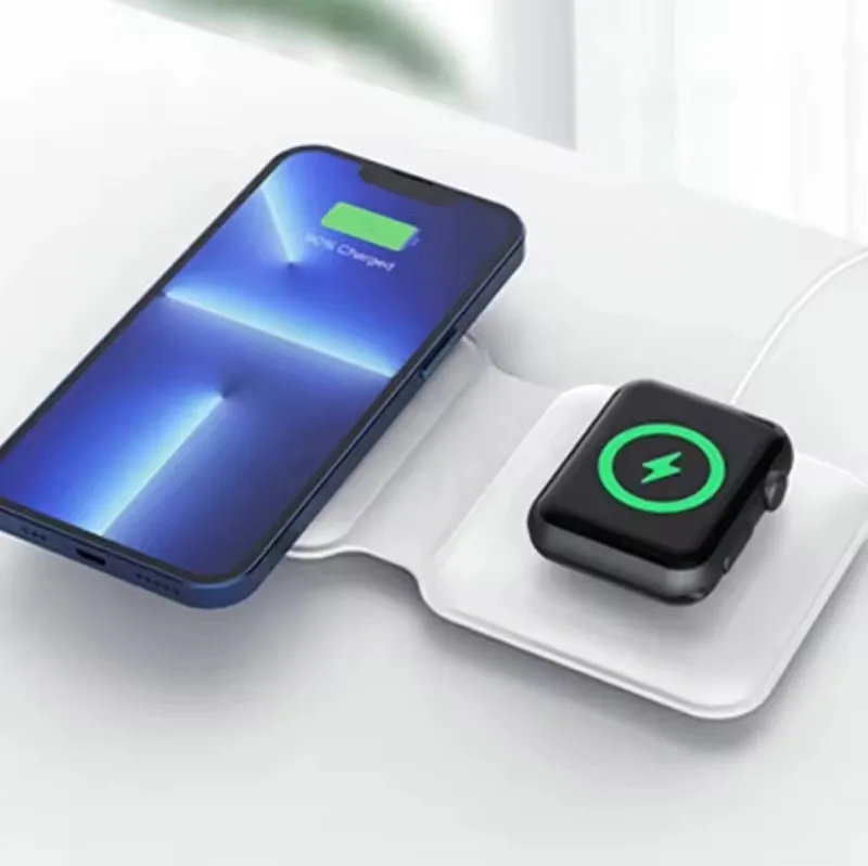 قاعدة شاحن لاسلكية مغناطيسية 2IN1 لهاتف آيفون 12 برو 11Pro XS Max XR X 8 AirPods Apple Watch 5 4 3 2 15 وات شحن لاسلكي سريع