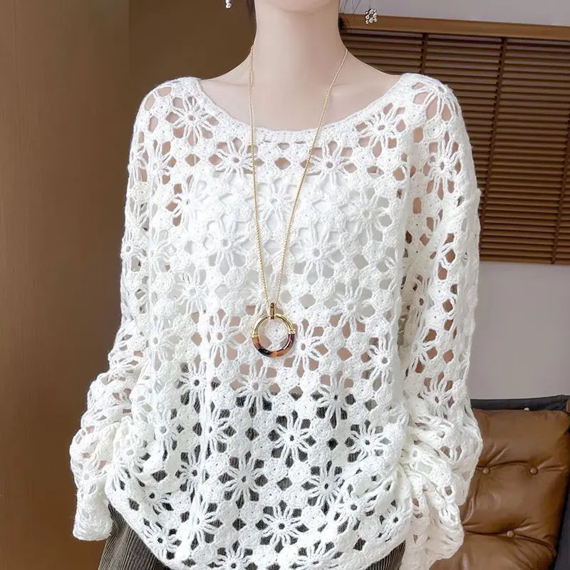 

Hook Flower Hollow Design Pullover Knitted Sweater Women's Round Neck Causal Pullover Knitwear Tops