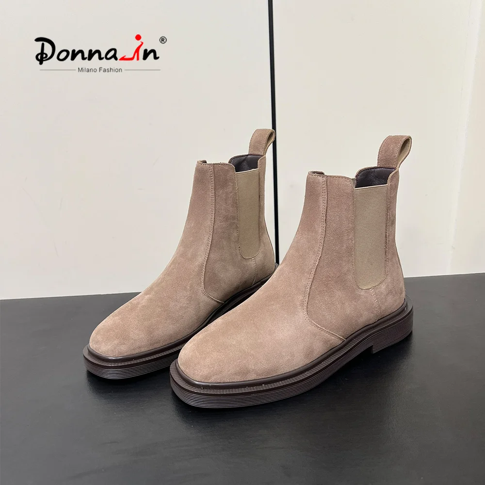 Stivaletti Chelsea Donna-in in pelle scamosciata Stivaletti slip-on con suola spessa Stivaletti elasticizzati semplici in vera pelle di pecora