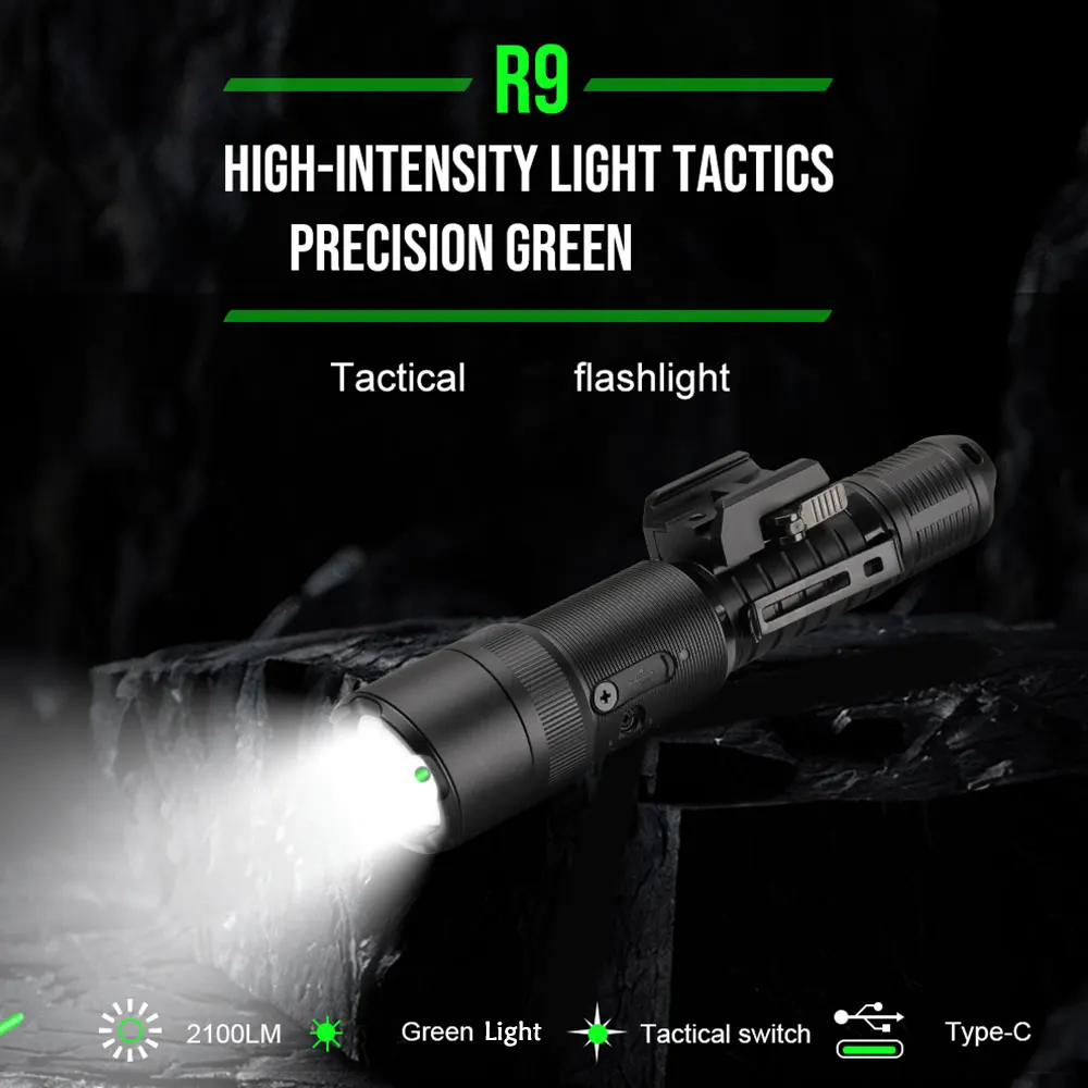 Trustfire R9 Army Tactical Led Flashlight 2100lumen 460meter Rechargeable 18650 Lamp With Usb Charging Self-Defense IpX6 Torch Under-barrel Light Gun Flashlight