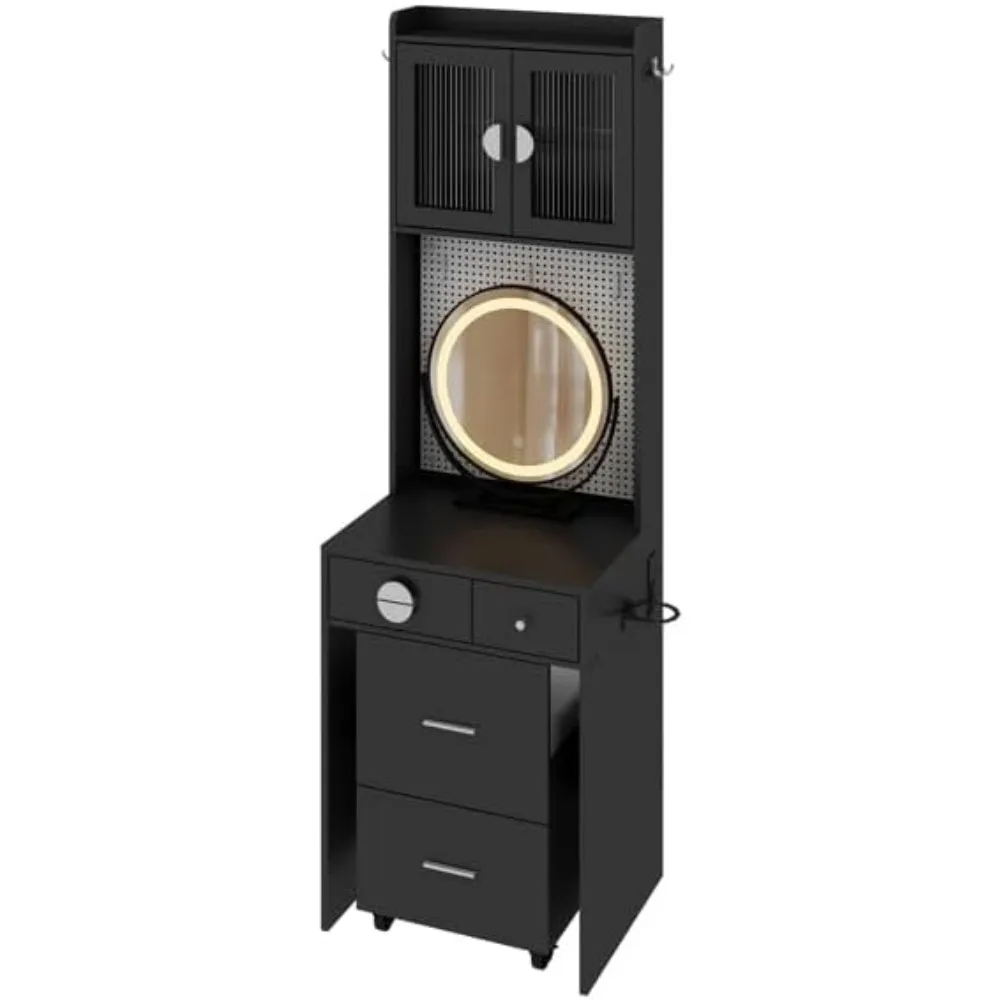 

illuminated mirror vanity desk with storage stool, bedroom corner vanity set with compact design