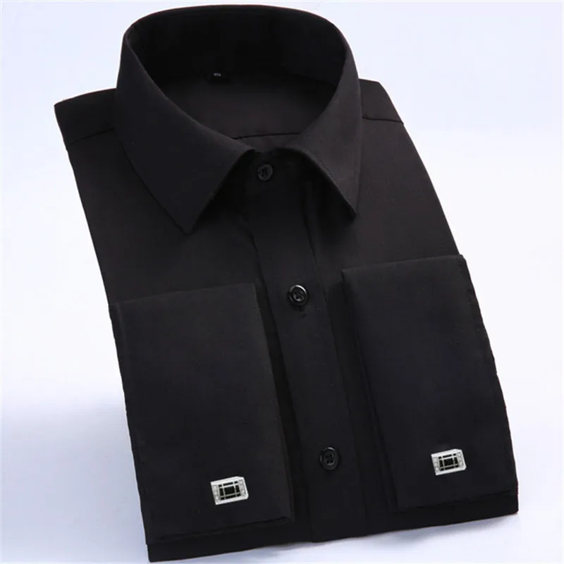 Mens French Cuff Dress Shirts 2023 Brand New Long Sleeve Formal Business Shirt Men Casual Black Social Shirts with Cufflinks 6XL