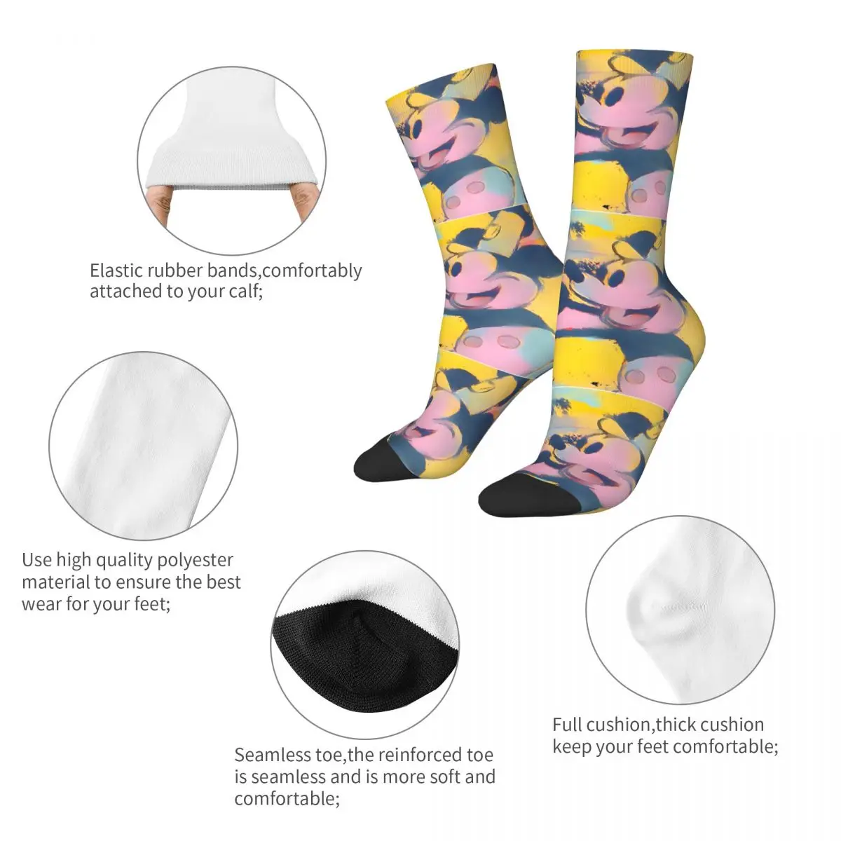 Steambo In Warhol Style Sock for Men Hip Hop Harajuku Disney Mickey Mouse Happy Seamless Pattern Printed Boys Crew Sock image 4