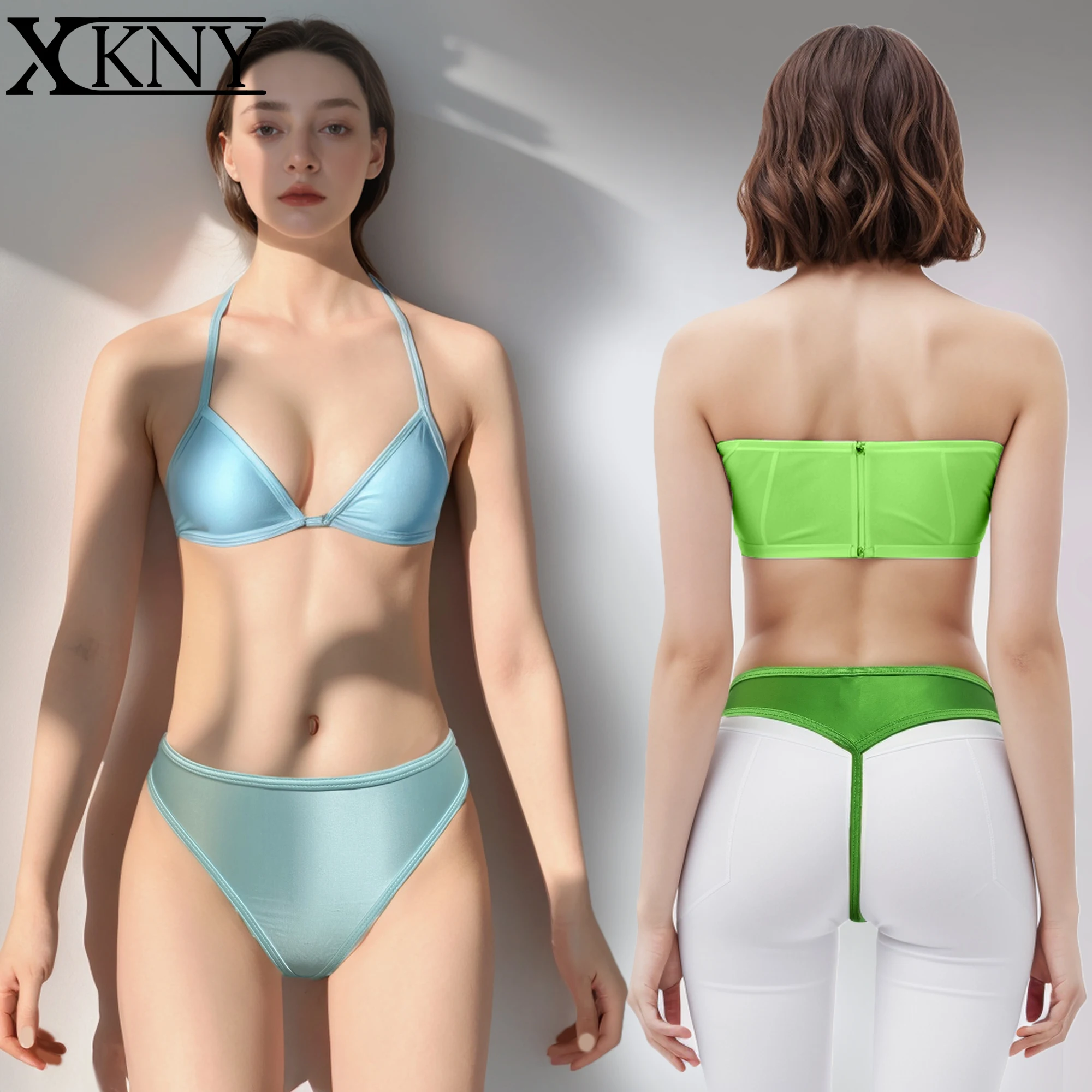 XCKNY satin oil glossy thongs trousers sexy superfine back bikini high split sexy Bikini bottoming swimming trunks GLOSSY PANTS