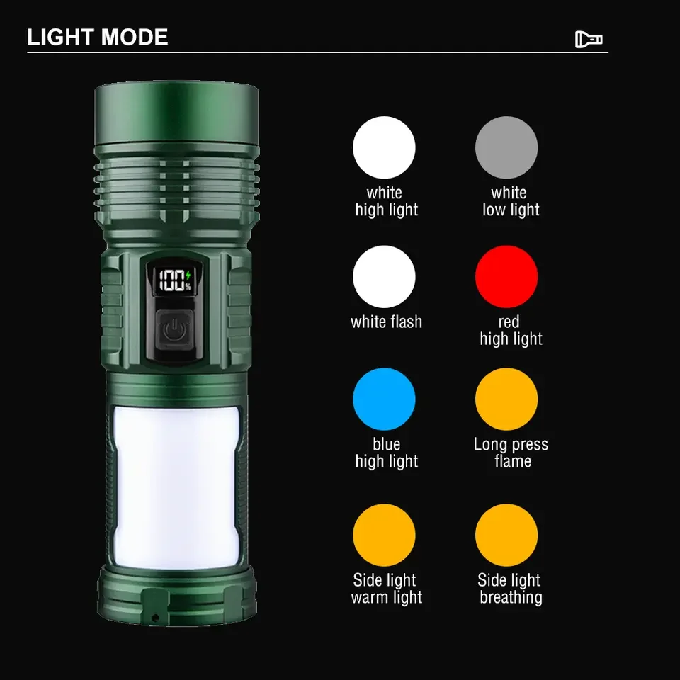 Four Light Source Flashlight Rechargeable Outdoor Emergency Lamp Flame Ambient Light 8 Modes Camping Fishing Focus Searchlight