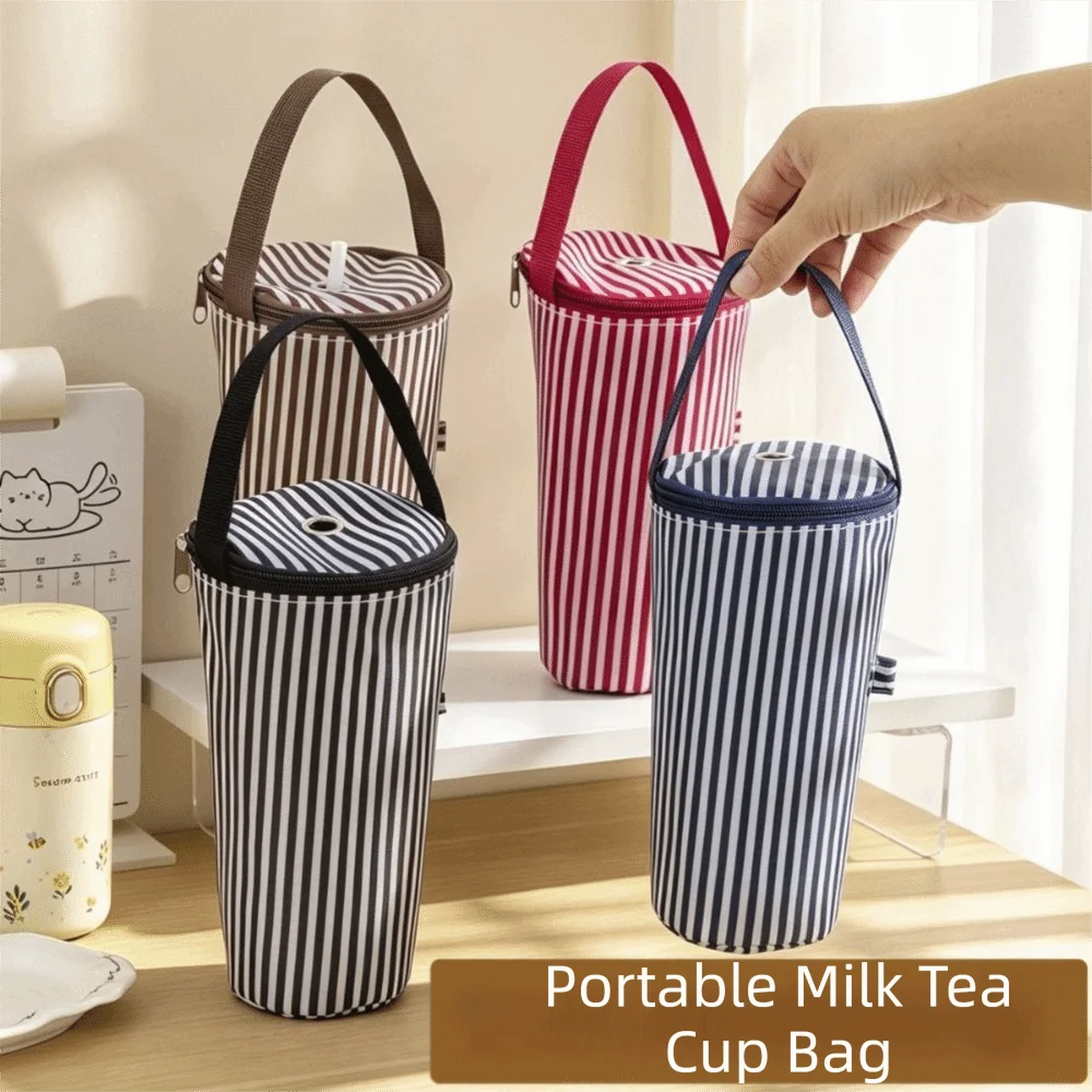 Cloth Bubble Tea Cup Sleeve Striped Pattern Thermal Insulation Drink Cup Carrier Portable Structure Carry Handle