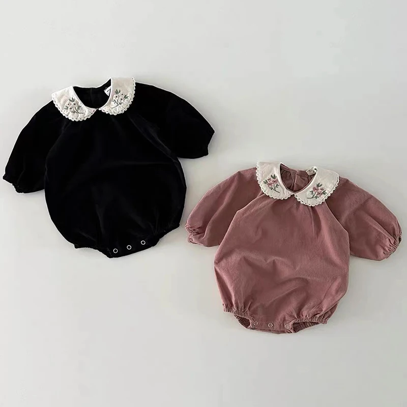 Spring Newborn Clothes Baby Girl Corduroy Bodysuit Doll Collar Embroidery Collar Toddler Climbing Suit Girls One Piece Clothes