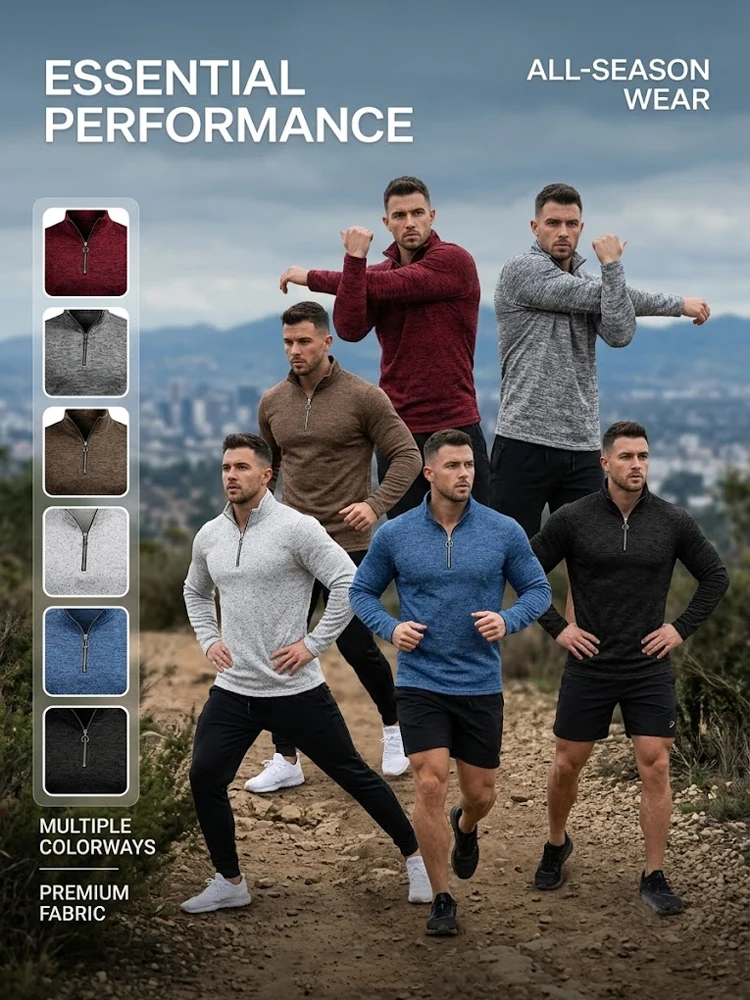Herren Langarm-Sweatshirt mit Viertelreißverschluss, Einfarbig, Stehkragen, Sportlicher Pullover, Lässige Laufbekleidung, Aktivwear, Sport- und Arbeitsjacken – Detail 1