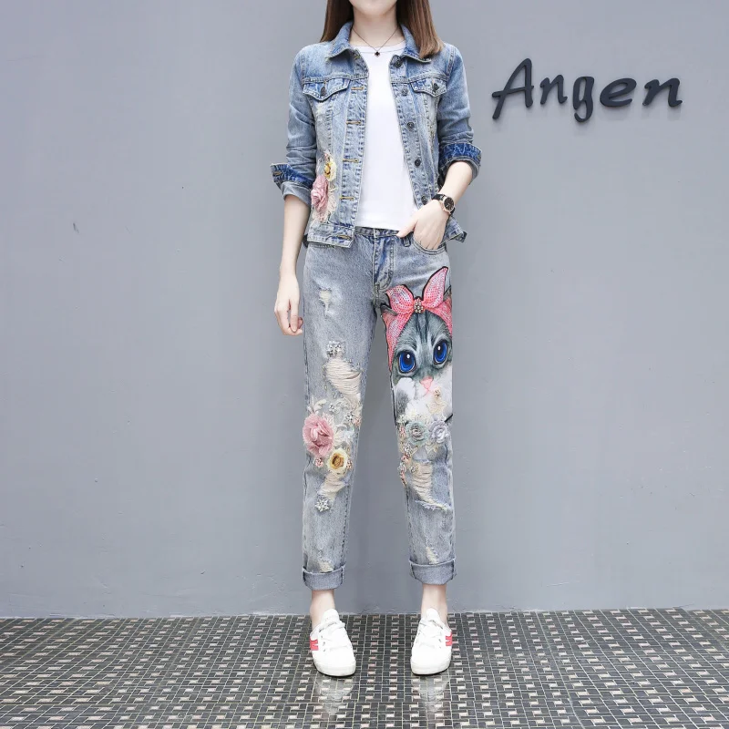 Cartoon Embroidered Denim Jacket + Jeans Women's European Station 2023 3D Flowers Spring Autumn New Loose Two piece sets