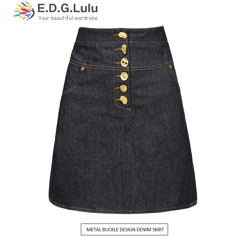 

EDGLuLu Summer 2025 New High Waist Single Row Gold Button Denim Skirt Woman Leisure Street A-Line Mini Denim Skirt 0704