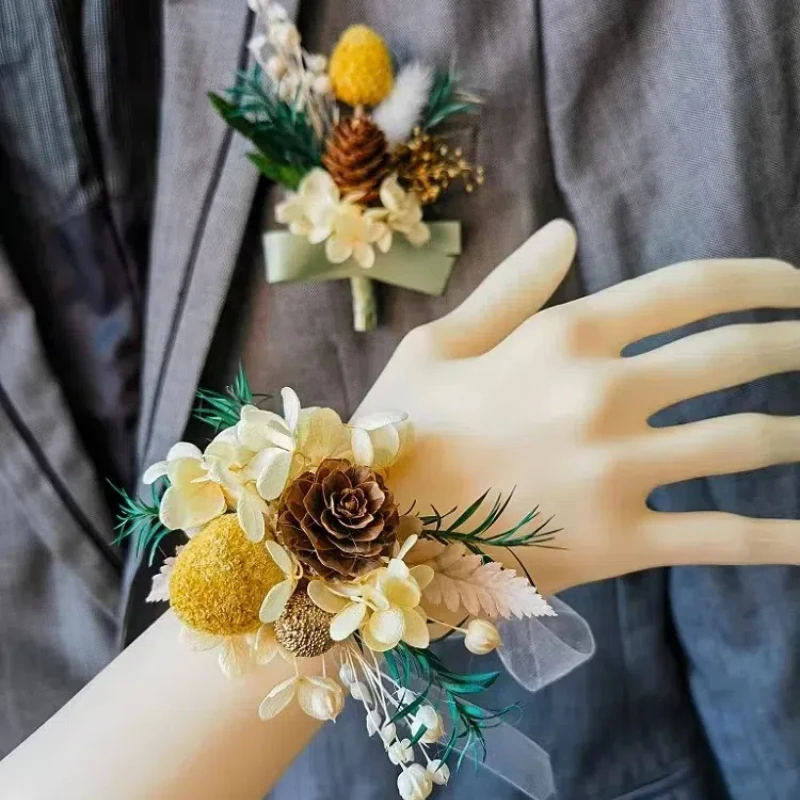 말린 꽃 Boutonniere 웨딩 남자 브로치, 신부 손목 코사지 소녀 팔찌, 파티, 무도회, 결혼, 신랑, Boutonniere