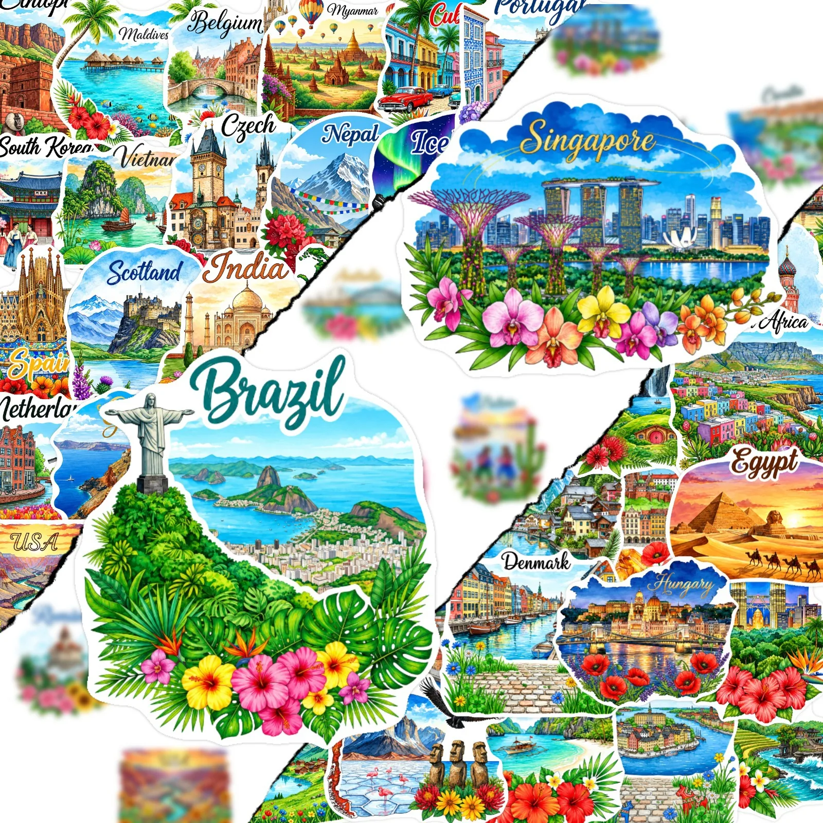 50 PCS Various Country Landmark Architecture Travel Souvenir Stickers Luggage Storage Box Guitar Non Repeated Stationery Decals