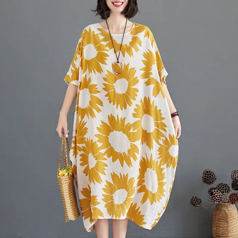 Dameskleding Kantoor Dame Afdrukken Oversized Jurken Dames Eenvoud O-hals Korte mouw Losse midi-jurk Zomervlasjurken
