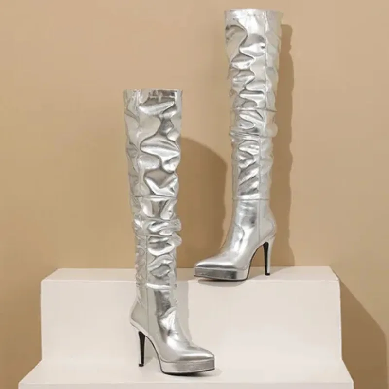 High Quality Soft Cozy Pleated Leather Women Over Sexy Pointed Toe Thigh High Boots for Women High Heels Over The Knee Long Boot