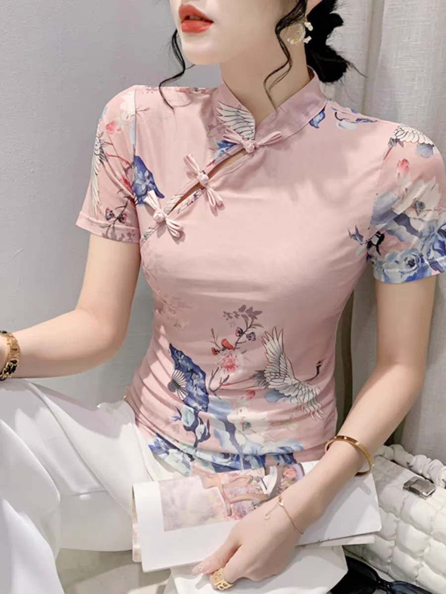 Summer Short Sleeve T-shirt Women Hollow Out Slim Stretchy Vintage Elegant Chinese Style Button T Shirts Tees