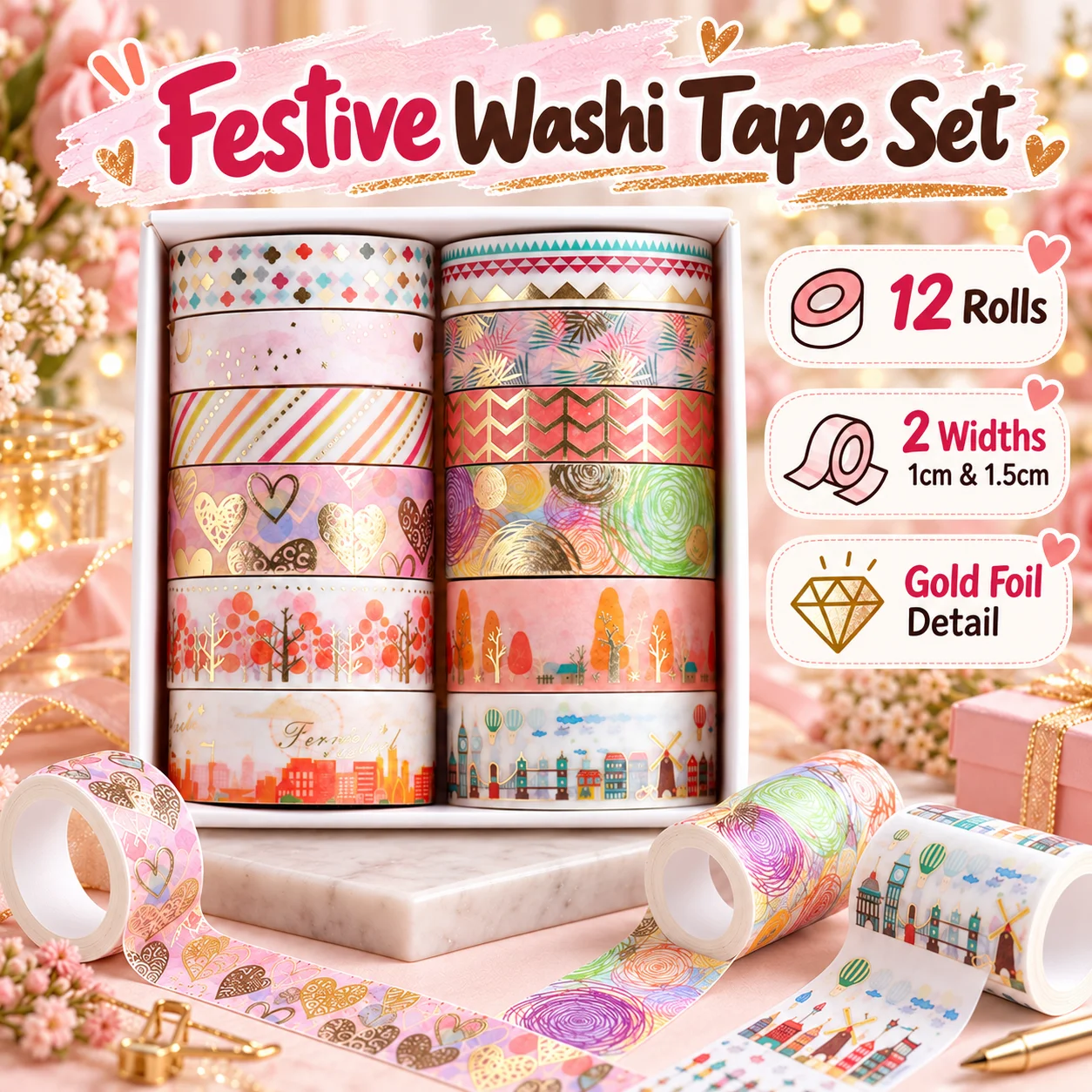 12 Rolls Decorative Gold Foil Washi Tape, 2 Widths 1cm 1.5cm 2m For Journal Scrapbook Diy Craft Gift Wrap Stationery Gift