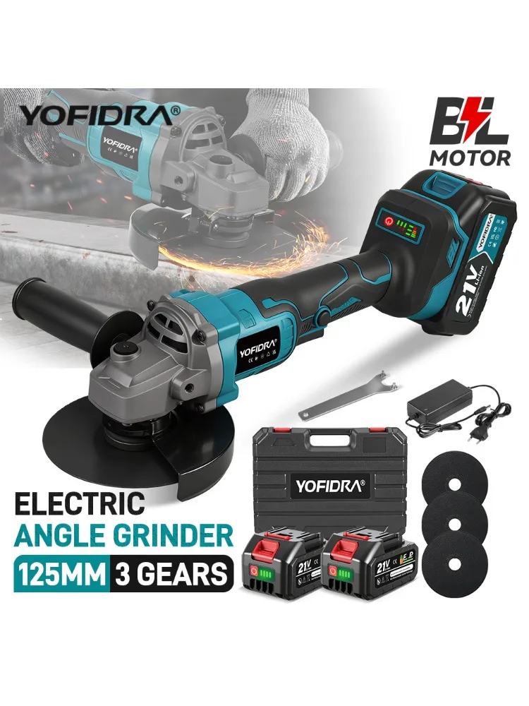 YOFIDRA 125mm Bürstenloser Elektrischer Winkelschleifer 20000RPM 3 Geschwindigkeiten Holzschleif-, Polier- und Schneidewerkzeug für Makita 21V Akku