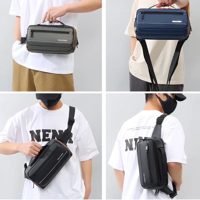 Men's multi compartment cross waist bag with adjustable strap, zipper closure, travel necessities, suitable for daily commuting
