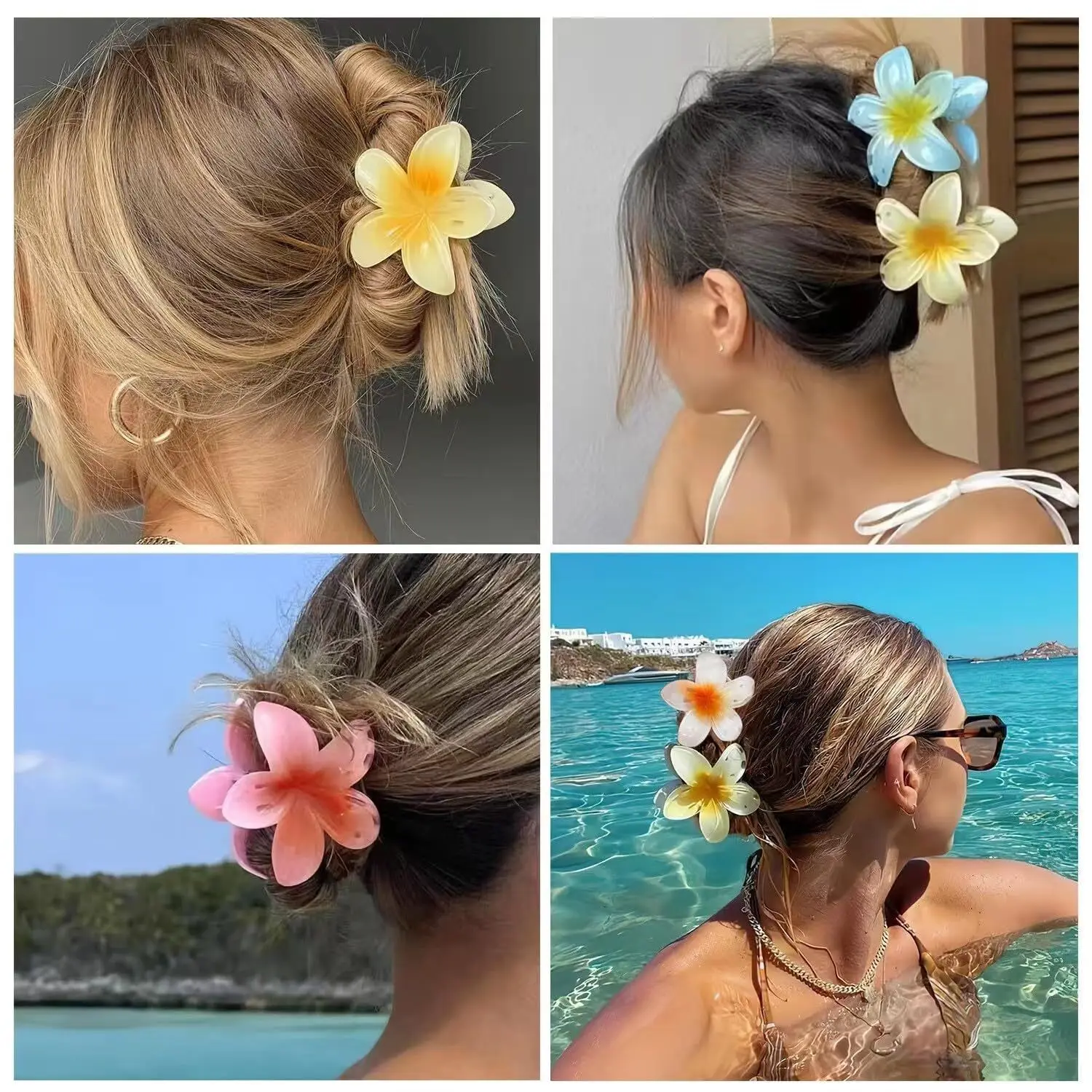 Hawaiian Flower Crab Hair Clips for Women Plumeria Barrettes Large Hair Claw for Thin/Thick Beach Hair Accessories for Girls