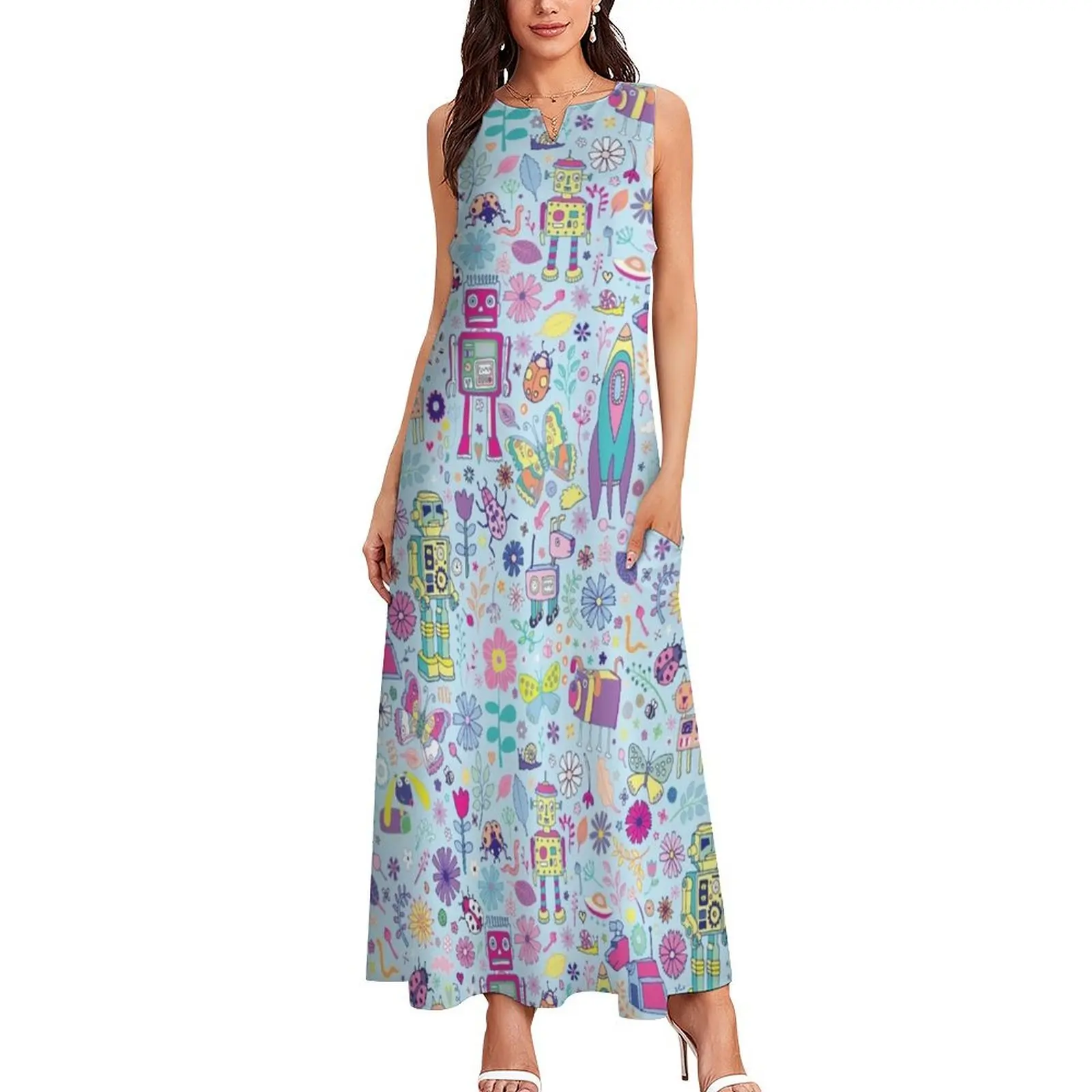 Electric Dreams - ลายหุ่นยนต์ลายดอกไม้แสนสนุกโดย Cecca Designs Long Dress Dress ชุดเดรสงานพรอมวินเทจ 2025 Dress