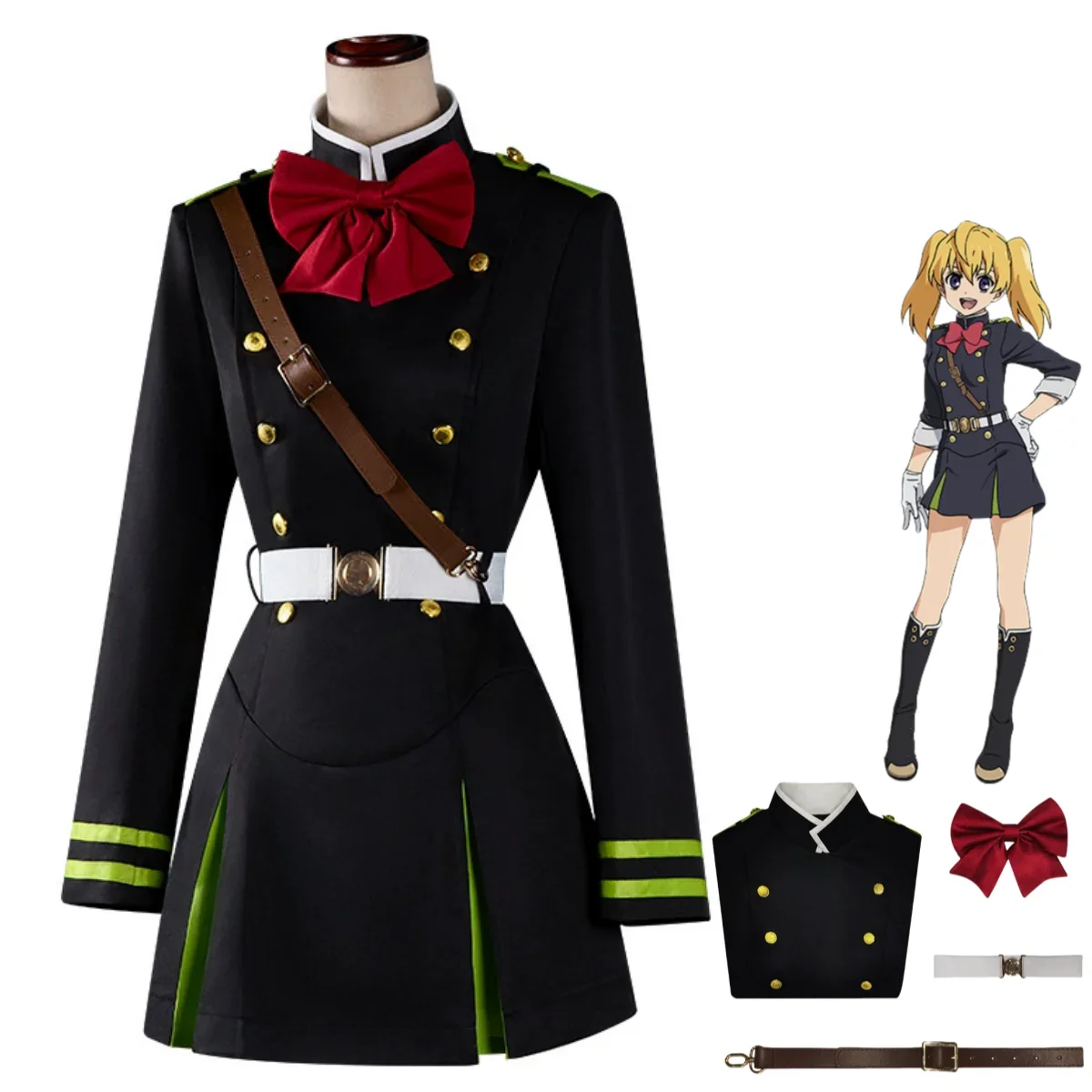 

Anime Seraph of The End Mitsuba Sangu Cosplay Costume Black Military Uniform Dress Belt Woman Sexy Carnival Christmas Suit