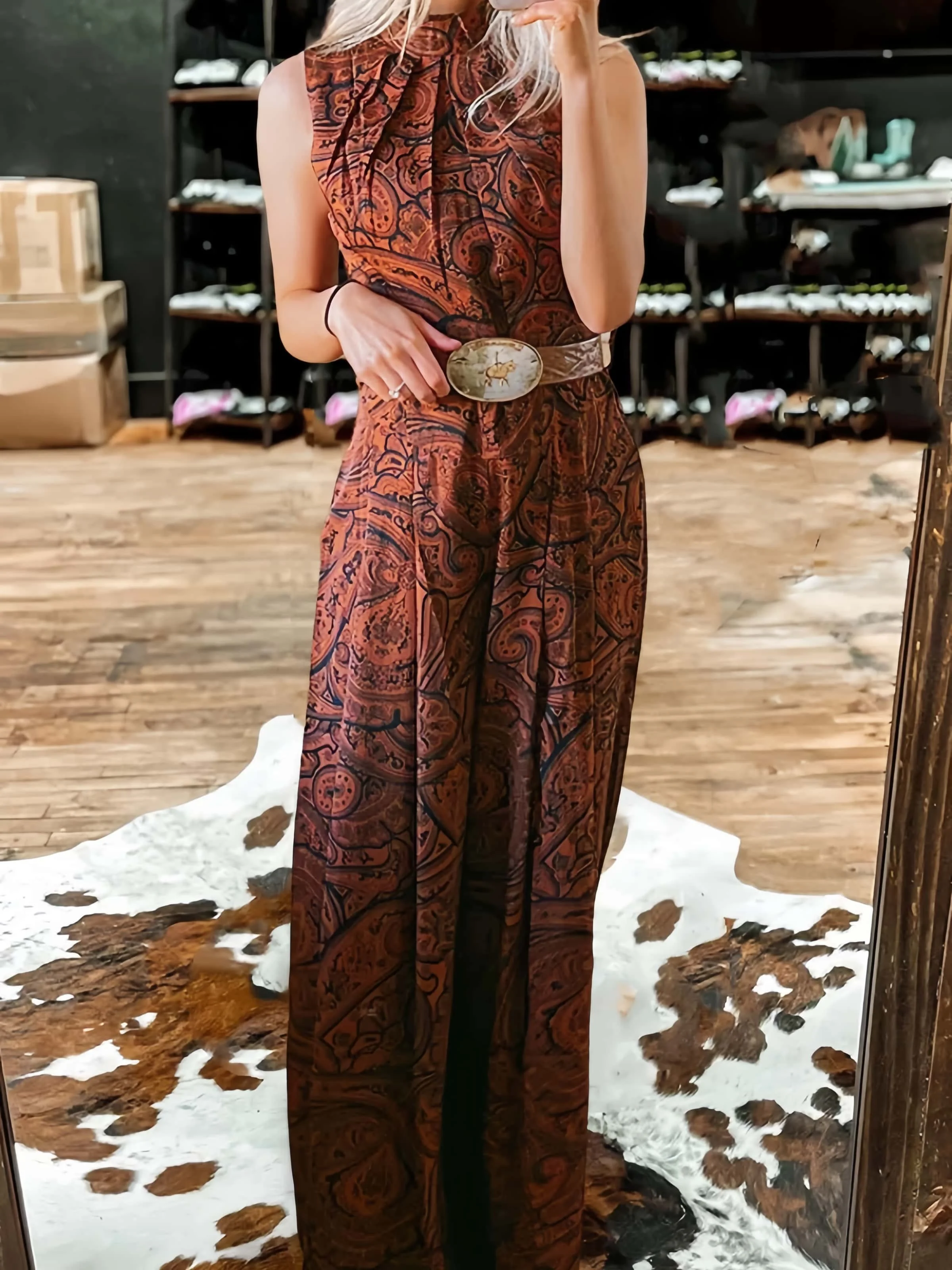 Women's Bohemian Full-Body Print Jumpsuit, Ethnic Pattern Ruched Waist Sleeveless Wide Leg, Comfortable Summer Wear