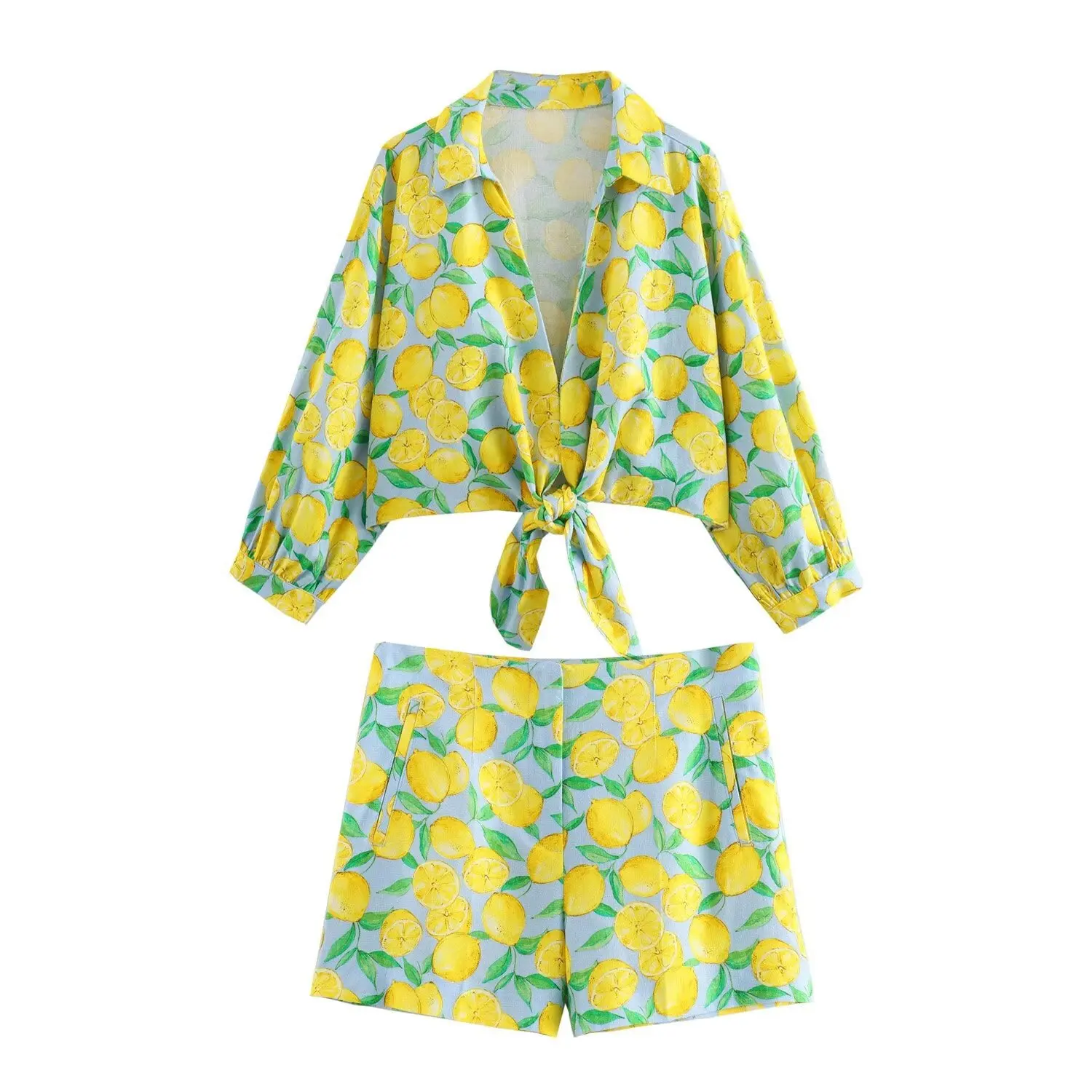 

Lace-up Lemon Print Shirt Top And Zipper Shorts Vacation Summer Women Sets Casual Lantern Sleeve T-shirt + Shorts Female Outfits