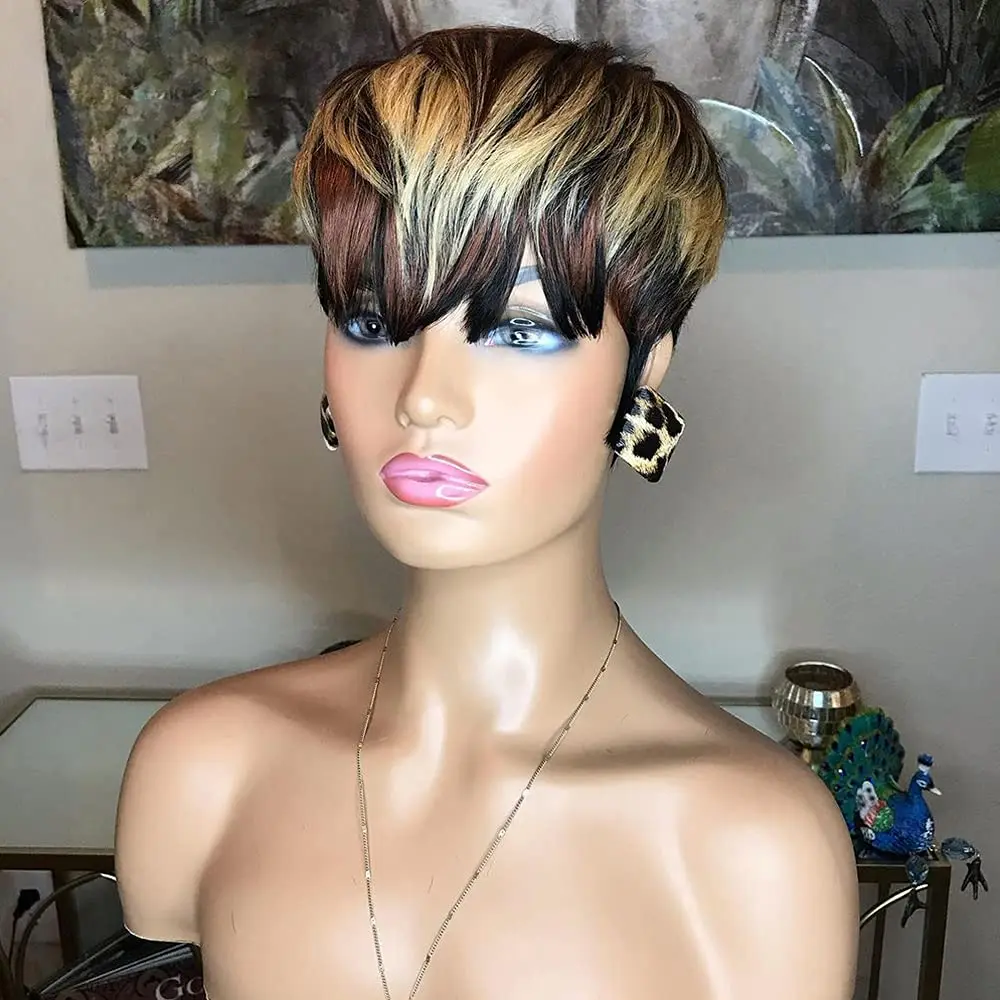 Pixie Cut Wigs For Black Women Human Hair Short Bob Wigs With Bangs Black Mixed Brown Highlight Color Wigs African American