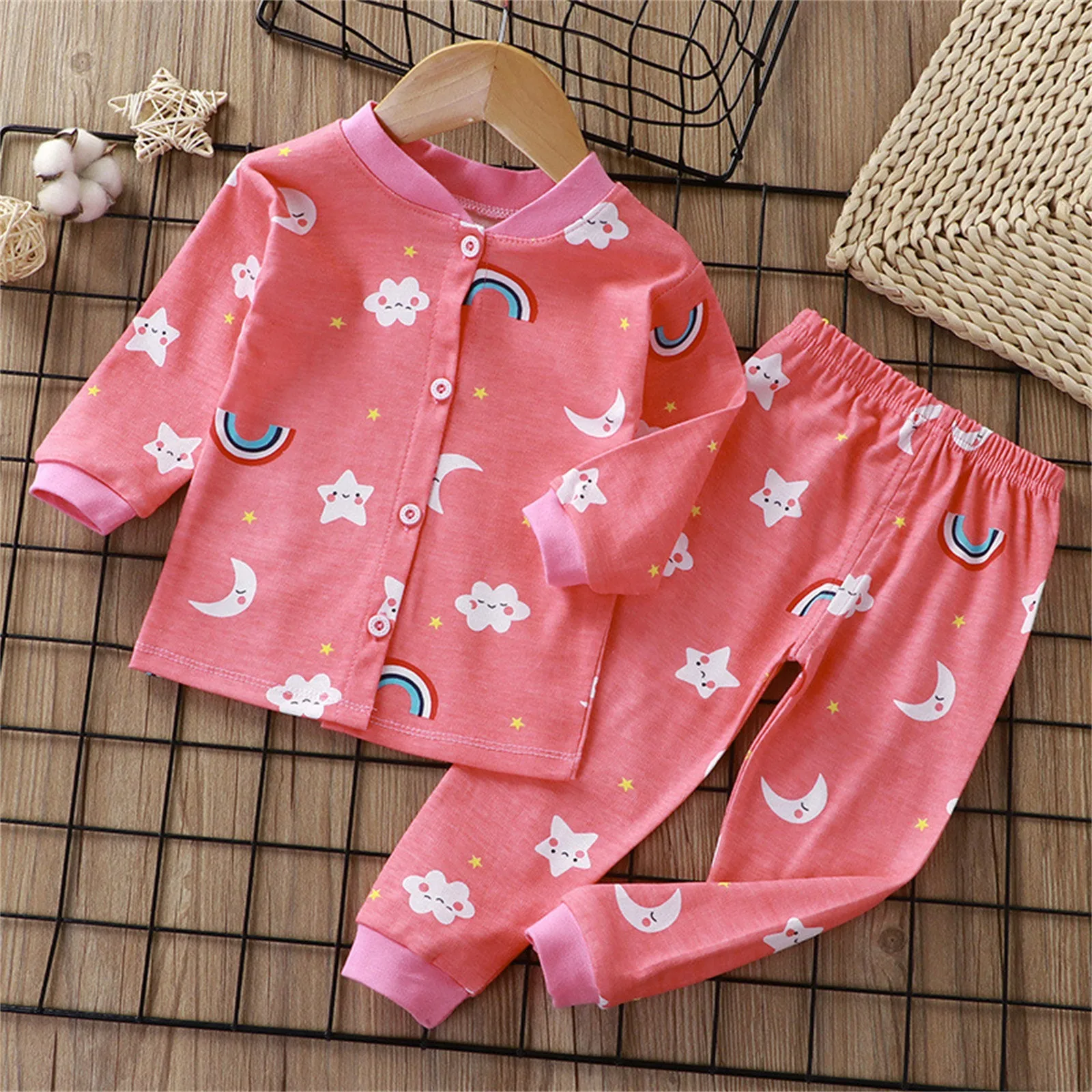 

Children Pajama Sets Baby Girls Boys Cute Cartoon Pattern Sleepwear Suits Autumn Spring Kids Single-breasted Baby Clothes 2-7Y