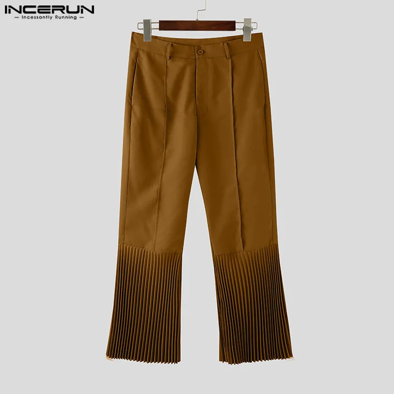 

INCERUN Men Pants Solid Color Button Pleated Casual Trousers Men Streetwear Loose Joggers Personality Fashion Male Flare Pants
