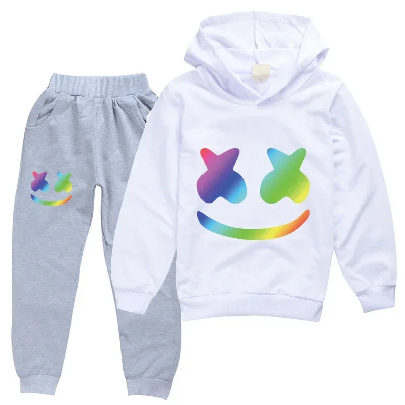 DJ Marshmello Stagione primaverile Autunno Set di abbigliamento Felpe con cappuccio e pantaloni per bambini Tuta da bambino per ragazzi Ragazze adolescenti Abiti casual MN1