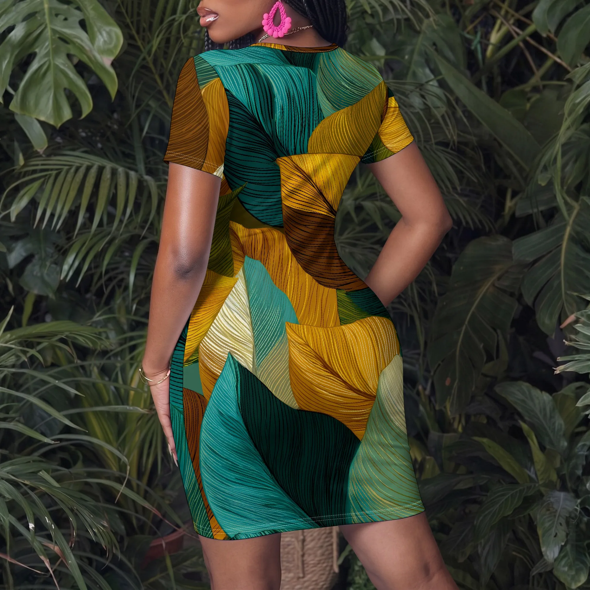 Tropical Print Dress, V-Neck Bodycon, Short Sleeve Wrap Style, Green & Gold Leaf Pattern, Summer Party Wear for Women, XS-XL