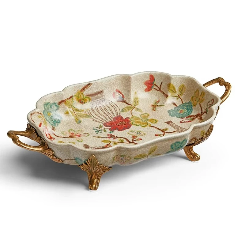 

Gold Brass Rectangle Ceramic Home Decor, Dried Fruit Tray Luxury Decorative Plate Modern Metal Handle