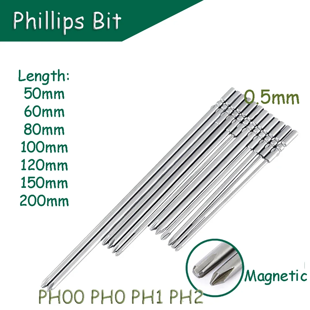 

1pcs/1set Phillips Screwdriver Bit PH00 PH0 PH1 PH2 Magnetic 5mm Round Shank S2 Steel 50/60/80/100/120/150mm Length Driller Bit
