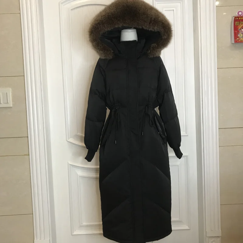 Russian Winter Down Coats Solid Hooded Women Thick Puffer Jackets Fox Fur Collar Drawstring Belt Casual Long Outwear Overcoats