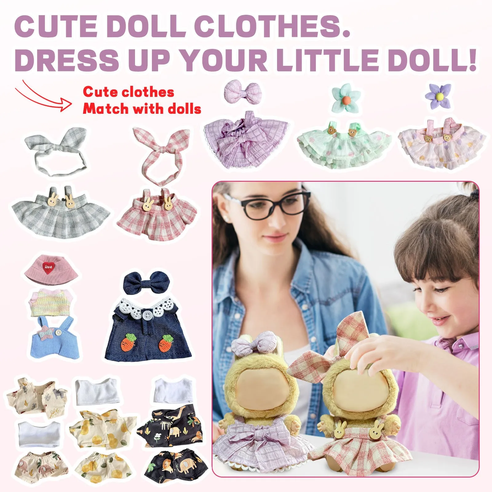 

9 стилей для плюшевой куклы Labubu 17 см - очаровательная розовая юбка, комплект для одежды «сделай сам», аксессуары, подарок, включая головные уборы